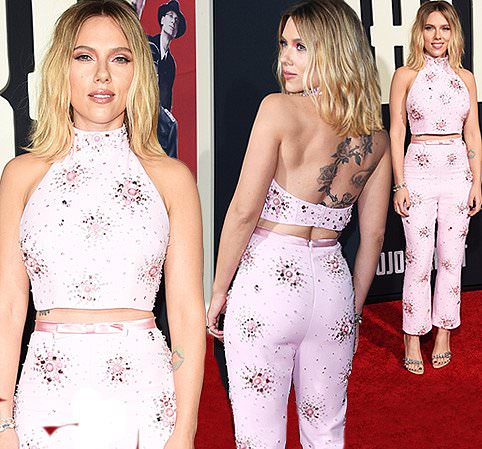Scarlett Johansson displays her vast rose back tattoo in playful pink two-piece as she leads the glamour at JoJo Rabbit premiere in LA