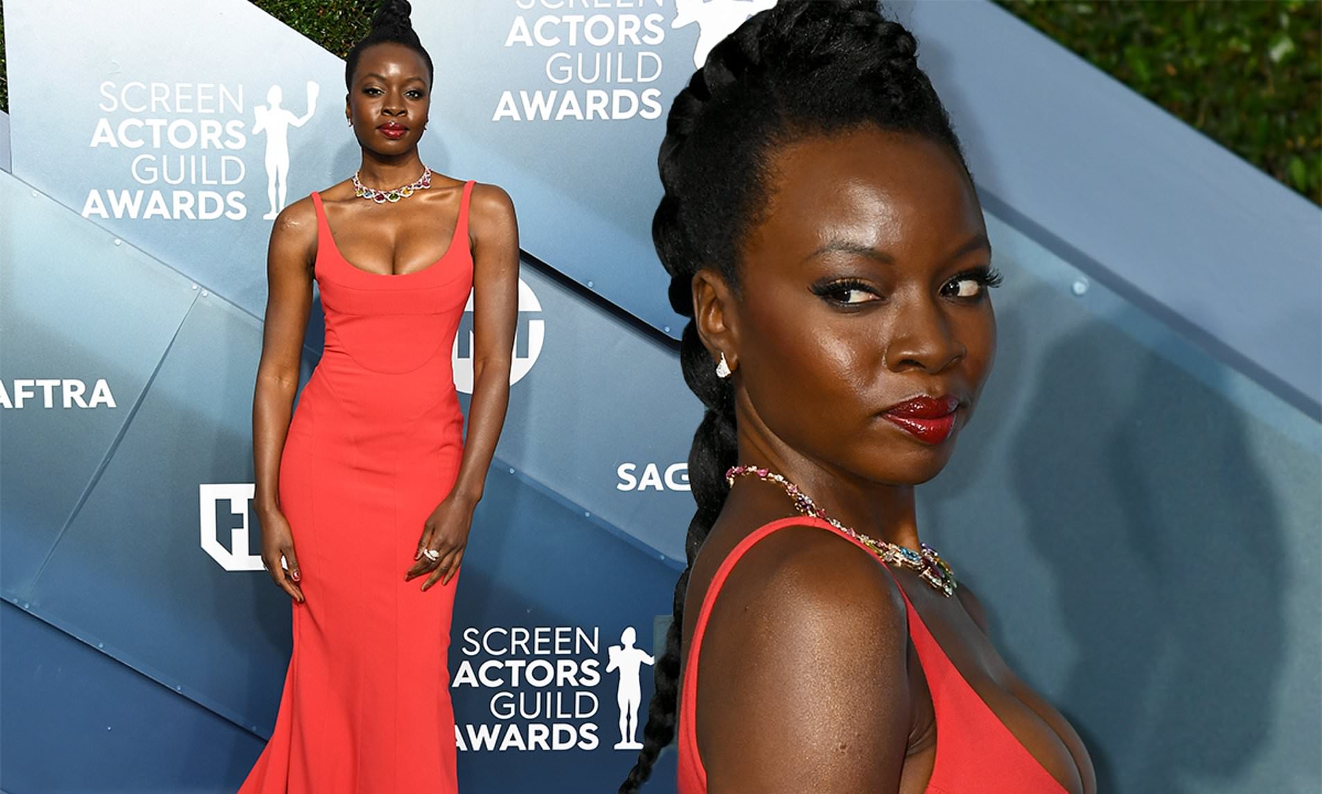 Danai Gurira wows in fiery red Mugler scoop neck gown at Screen Actors Guild Awards in Los Angeles