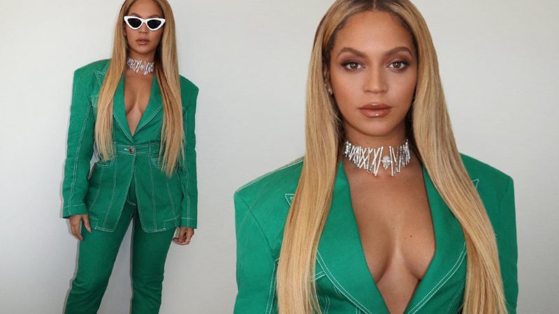 Beyonce’s fashion touchdown! Singer goes braless under green suit as she joins Jay-Z and daughter Blue Ivy at Super Bowl LIV in Miami