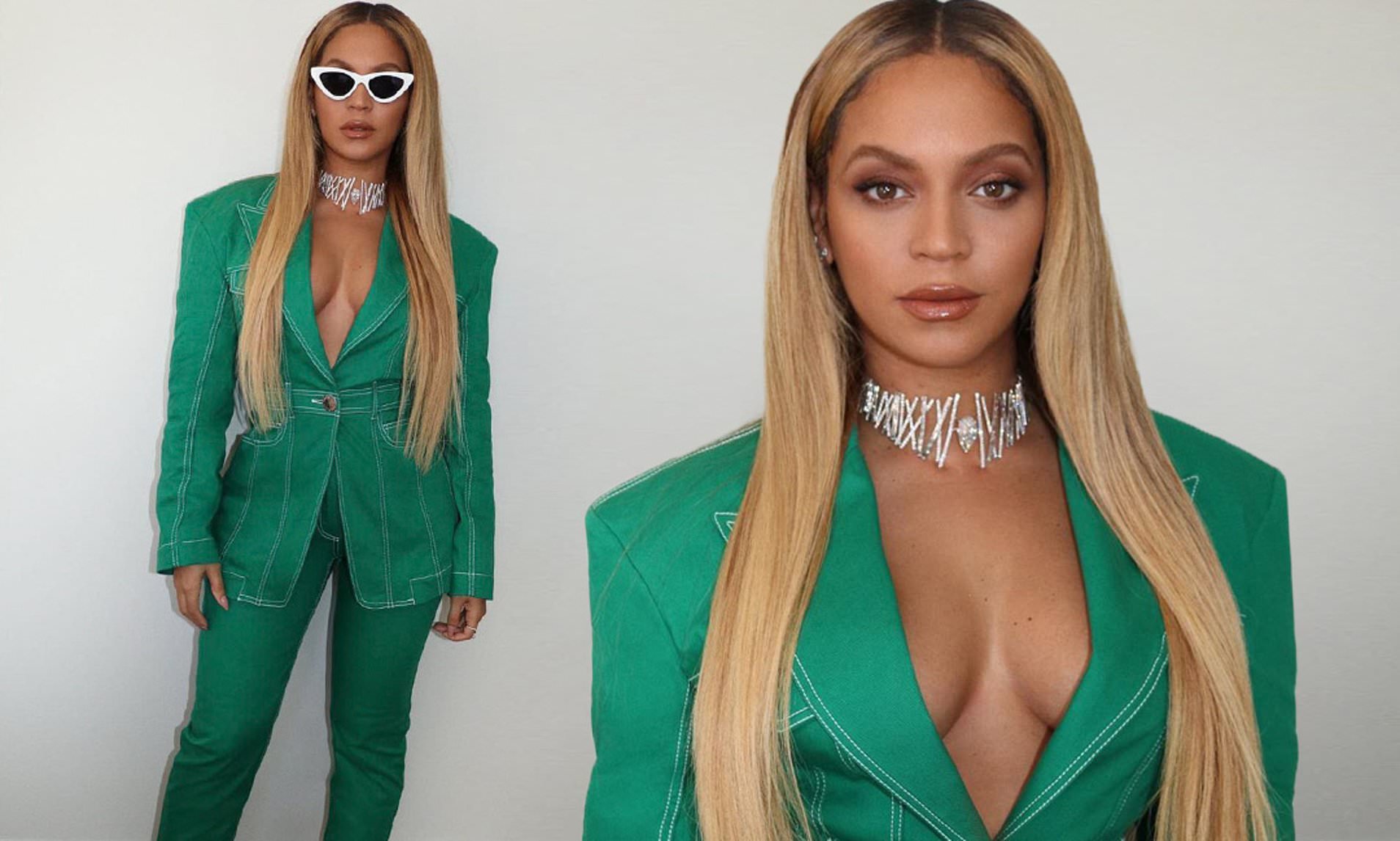 Beyonce’s fashion touchdown! Singer goes braless under green suit as she joins Jay-Z and daughter Blue Ivy at Super Bowl LIV in Miami