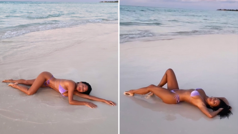 NICOLE Scherzinger rolled around on the beach in a purple bikini, while showing off her toned body.