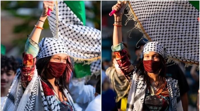 Bella Hadid spotted waving huge Palestinian flag at protest in support of her family’s homeland in NYC