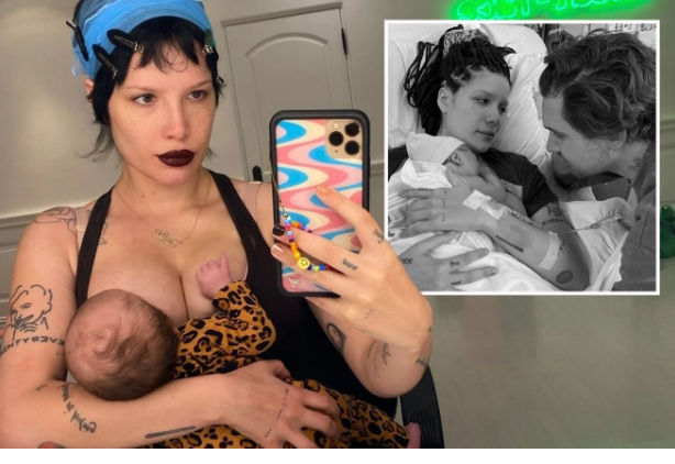 Halsey breastfeeds newborn son Ender in adorable leopard onesie