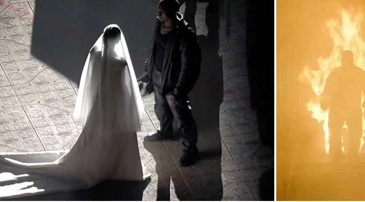 Kim Kardashian wears a WEDDING dress to ‘remarry’ Kanye West at Donda listening party – before he sets himself on fire